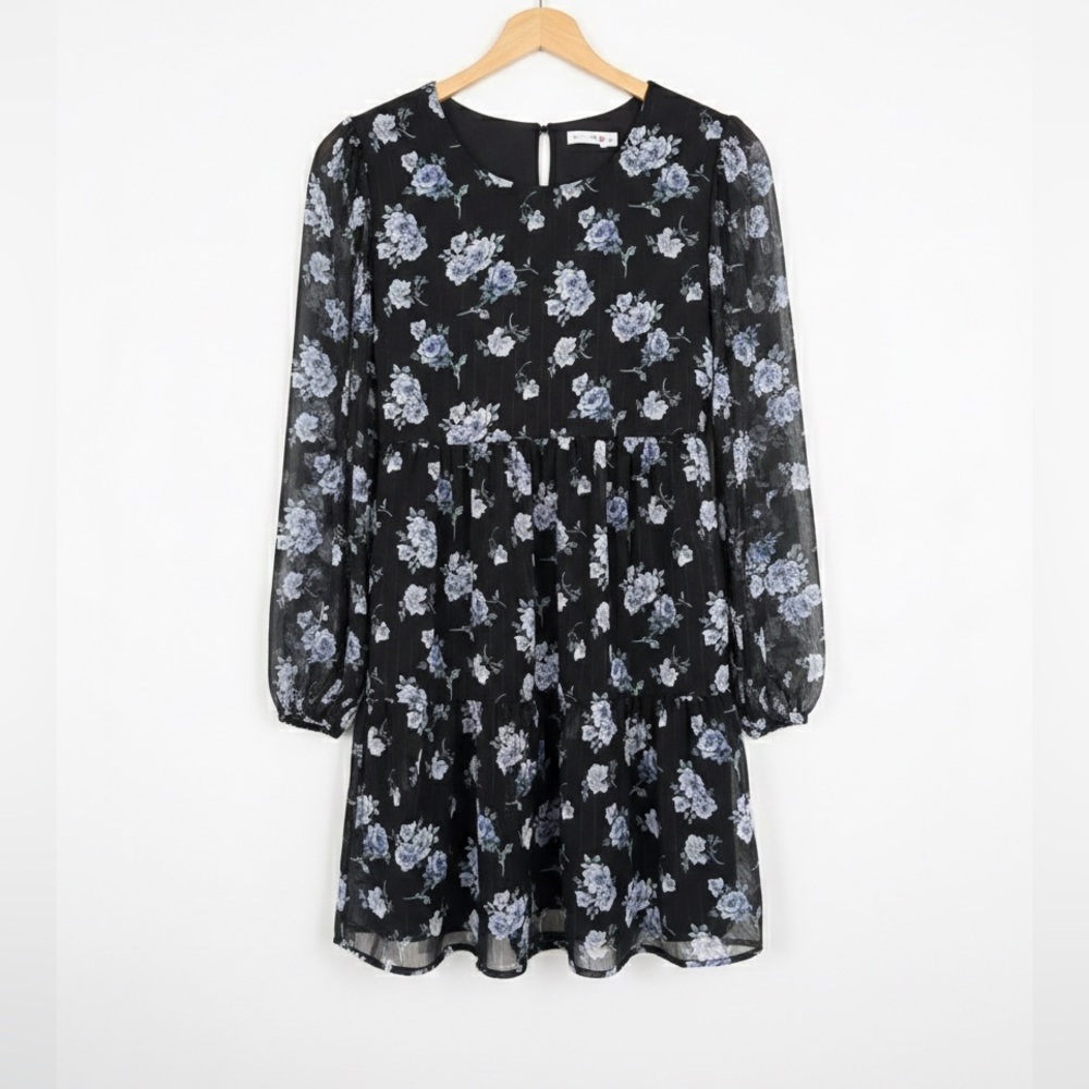 Knitworks Black and Blue Floral Long Sleeve Dress